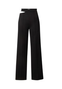 Zwarte wijde broek met hoge taille, voorzien van een unieke uitsnijding in de taille en verticale naden voor structuur.
