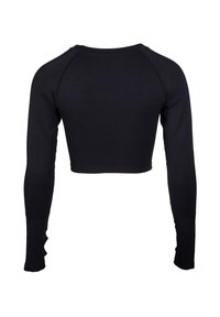 Schwarzes, kurzes Langarmoberteil aus dehnbarem Material. Mit Raglanärmeln und strukturierten Akzenten an den Ärmeln. Keine sichtbaren Verschlüsse.