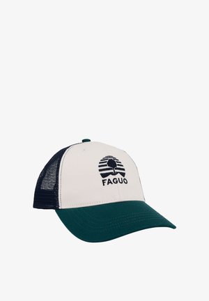 Cappellino da baseball con visiera verde scuro, pannello frontale bianco, parte posteriore in rete blu navy e logo ad albero nero con testo "FAGUO" sul davanti.