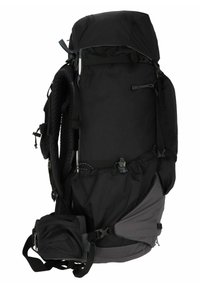 Mochila de senderismo negra con un gran compartimento principal, múltiples bolsillos laterales, correas ajustables y un diseño elegante y ergonómico.