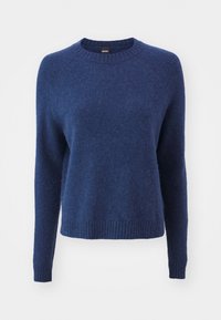 Pull en laine bleu marine avec un col rond, des manches longues et un ourlet côtelé. Texture douce et coupe décontractée avec des manches raglan.