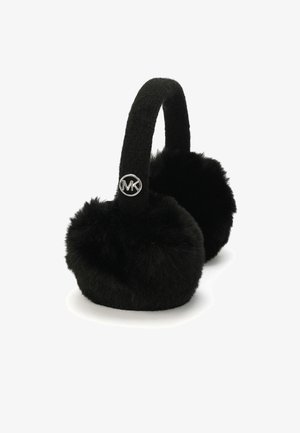 Orejeras de piel sintética negra con una diadema gruesa y un detalle de logo circular plateado. Textura suave, forma redonda y cobertura total para brindar calor.