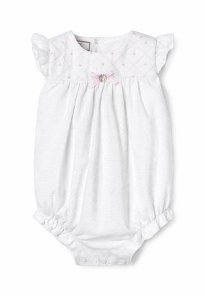 Grenouillère bébé blanche matelassée avec des pois roses brodés, manches à volants, jambes froncées et un petit nœud rose avec un pendentif argenté sur la poitrine.