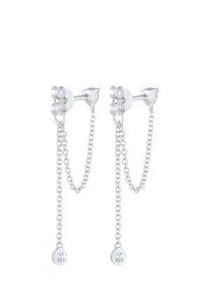 Sølvøreringe med kæde-design. De har en glat, cirkulær stud med hængende kæder, der slutter i et lille, cirkulært mærke graveret med "925."