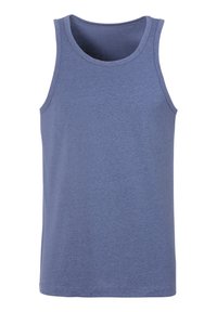 Blue tank top made of soft, cotton-blend fabric. Features a round neckline and no sleeves, with a smooth texture and even coloring.