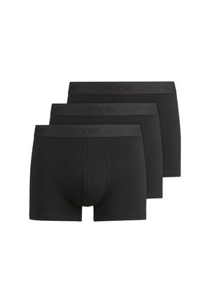 Drei Paare schwarze Herrenboxershorts mit breitem Bund, in einer Reihe gestapelt, Vorderseite sichtbar.