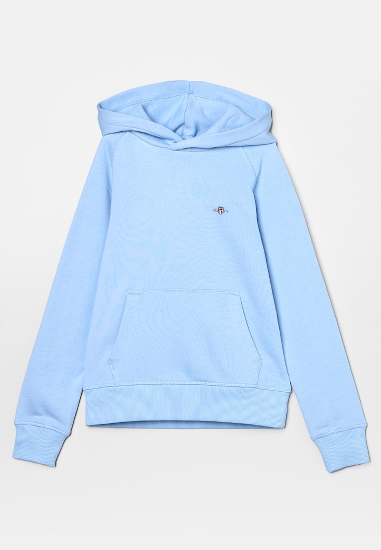 Hellblaue Kapuzenjacke aus Baumwollmischung. Verfügt über eine Fronttasche, gerippte Bündchen und eine Kapuze. Kleines Logo auf der Brust. Weiche Textur.