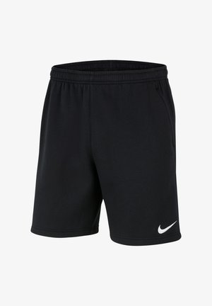 Schwarze Baumwollshorts mit einem elastischen Bund, seitlichen Taschen und einem weißen Nike-Logo am linken Saum. Glatte Textur, lockerer Schnitt.
