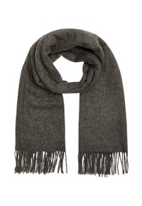 Grå uldhalstørklæde med frynse-detaljer, blød tekstur og en lang rektangulær form, designet til varme og alsidighed i styling.