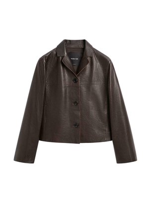 Brown leather cropped jacket with a collared neckline, featuring a five-button closure and contrasting orange stitching on a smooth texture.