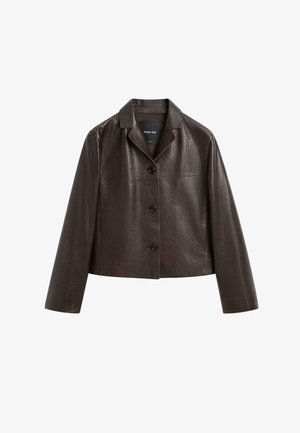 Brown leather cropped jacket with a collared neckline, featuring a five-button closure and contrasting orange stitching on a smooth texture.