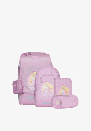 Ensemble de sacs à dos roses comprenant un grand sac à dos, un petit sac à dos, une trousse et une boîte à lunch. Décoré d'étoiles et d'une illustration de personnage.