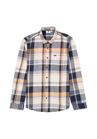 Gekleed overhemd met een ruitpatroon in marineblauw, oranje en crème kleuren. Gemaakt van een zachte stof met een knoopsluiting aan de voorkant, een kraag en één borstzak.