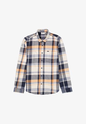 Gekleed overhemd met een ruitpatroon in marineblauw, oranje en crème kleuren. Gemaakt van een zachte stof met een knoopsluiting aan de voorkant, een kraag en één borstzak.