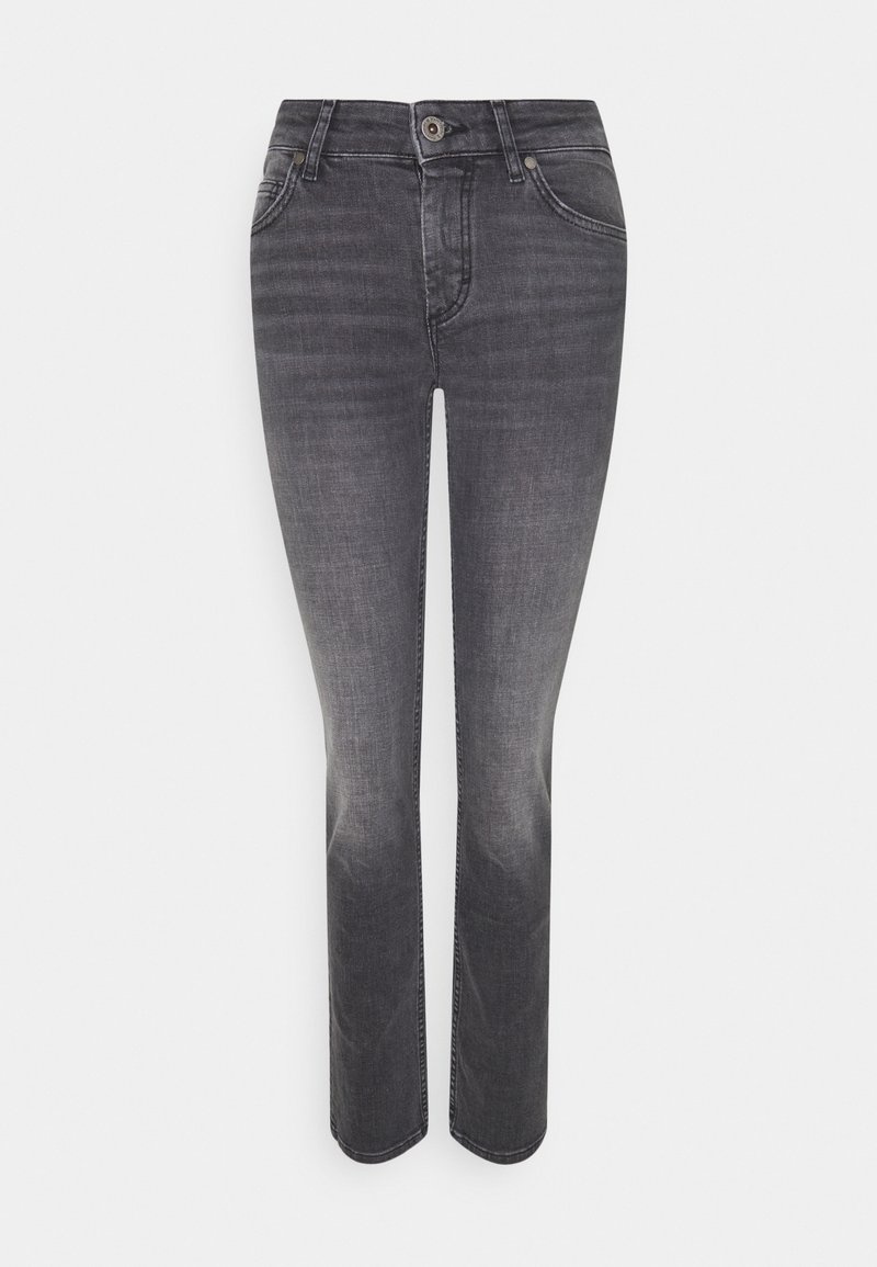 Vaqueros de mezclilla grises con ajuste slim, cintura de altura media, diseño de cinco bolsillos y cierre de botón. Textura suave con un sutil desgaste.