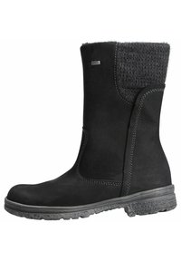 Schwarzer Knöchelstiefel aus Wildleder mit einem strukturierten Strickbund. Verfügt über elastische seitliche Einsätze, Kontrastnähte und eine robuste Sohle.