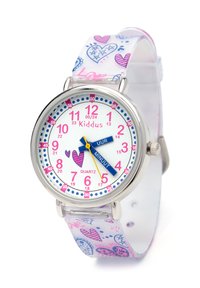Montre à quartz avec un cadran blanc, des marquages en rose et bleu, et un bracelet transparent ornés de motifs en forme de cœur et du mot "Amour". Lunette en argent.