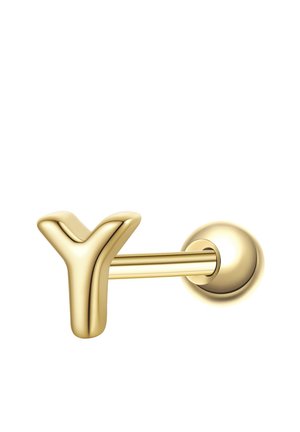 Guldfarvet Y-formet ørestik sat fast på en rund bagside med en lige stift på en hvid baggrund.