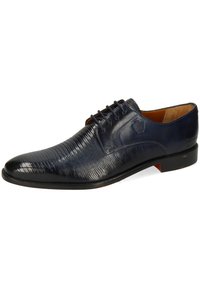 Scarpa da uomo in pelle blu navy con finitura testurizzata, punta affusolata e design con lacci. Presenta una suola nera solida con un sottile accento rosso.
