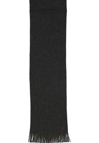 Juodas šalikas iš minkštos, tekstūruotos medžiagos su kutais gale. Apačioje yra mažas raudonas logotipas. Ilgos ir siauros formos.