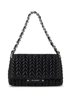 Black quilted leather shoulder bag with silver chain strap and "Karl Lagerfeld" metal logo plate on front flap.