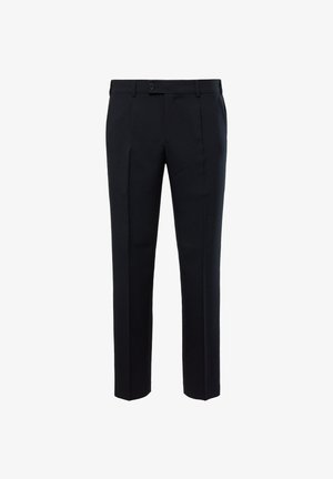 Tmavě námořnické kalhoty na míru se rovný fit, mají přední záhyby, poutka na pásek a zapínání na knoflík. Hladká textilie, bez vzorů.