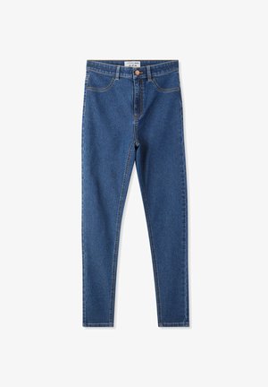 Niebieskie dżinsy o slim fit, wysoki stan, pięć kieszeni oraz kontrastowe oranżowe przeszycia. Zapinane na jeden guzik.