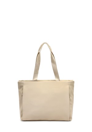 Beige Tragetasche mit zwei Stoffgriffen, rechteckiger Form, glattem synthetischen Material und minimalistischem Design ohne sichtbare Akzente.