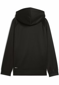 Sudadera con capucha negra fabricada en tela suave. Presenta mangas raglán, un ajuste estándar y la marca "DRYCELL" cerca del dobladillo.