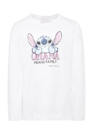 Biała koszula z długim rękawem z rysunkiem postaci Stitch z różowymi uszami, a poniżej grafiki napis "OHANA OZNACZA RODZINĘ" w różowym i czarnym. Materiał bawełniany.