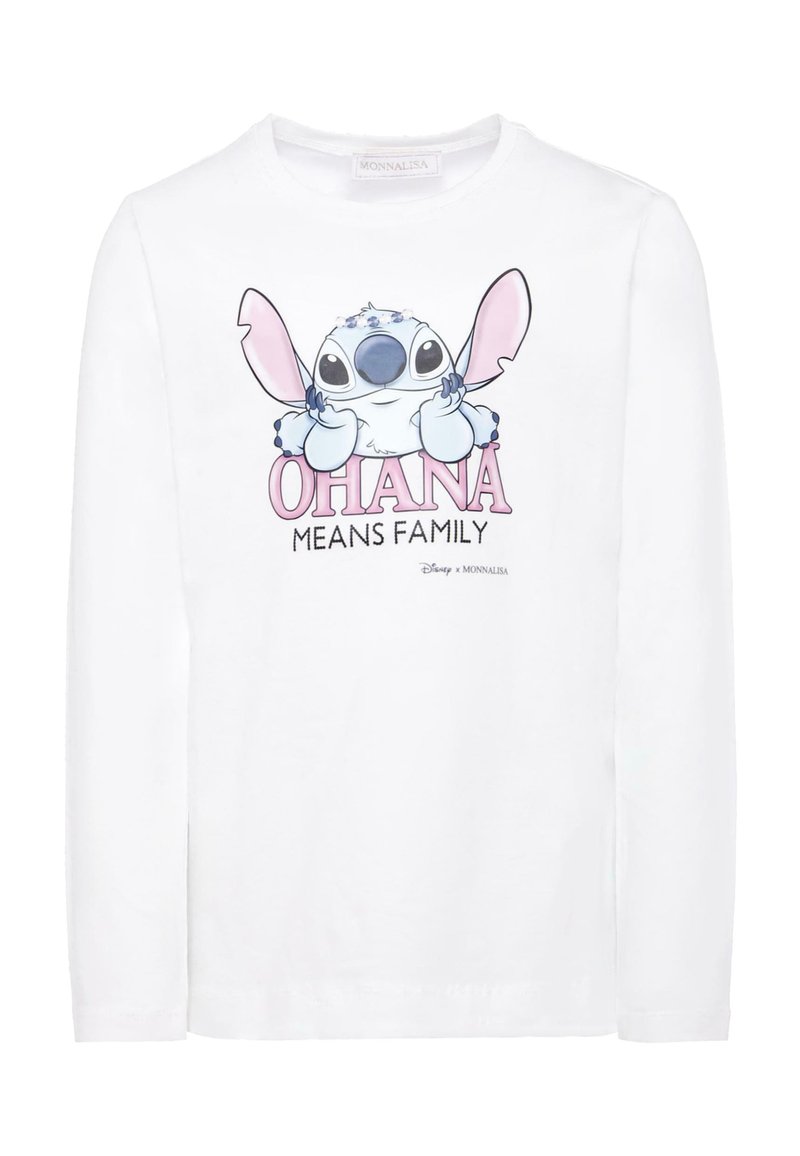Biała koszula z długim rękawem z rysunkiem postaci Stitch z różowymi uszami, a poniżej grafiki napis "OHANA OZNACZA RODZINĘ" w różowym i czarnym. Materiał bawełniany.