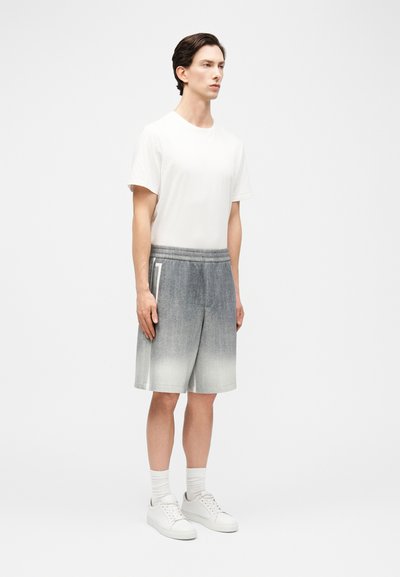 Άνδρας που στέκεται, φορά απλό λευκό μπλουζάκι, γκρι σορτς με μεταβαλλόμενο χρώμα και πλευρικές ρίγες, λευκές κάλτσες και λευκά sneakers σε λευκό φόντο.