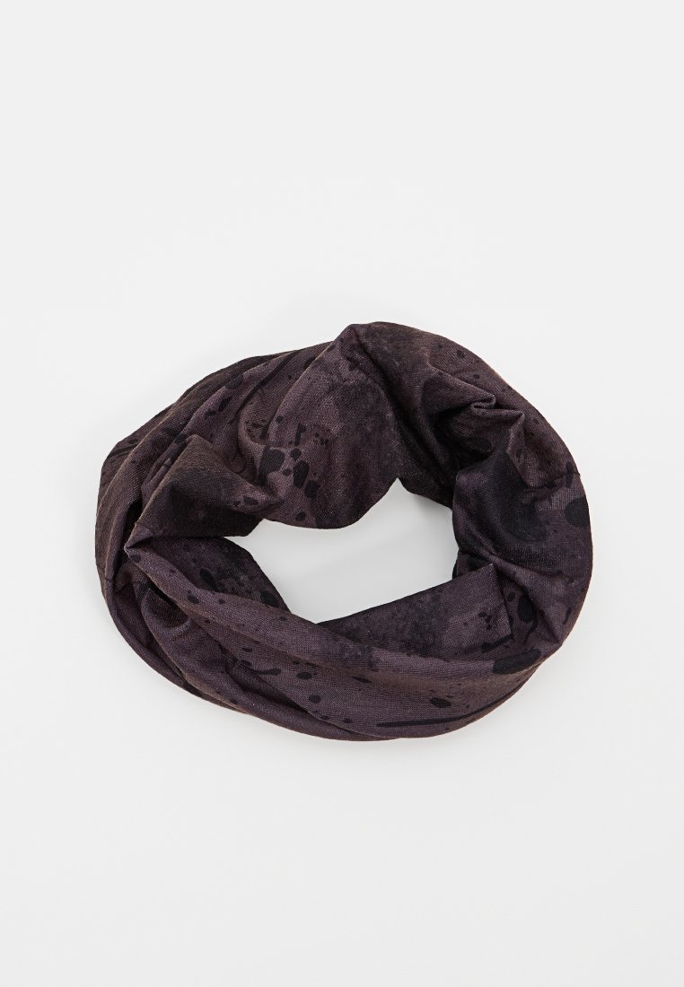 Bufanda infinita de color púrpura oscuro, fabricada con un material ligero, que presenta un sutil patrón de manchas más oscuras y una textura suave.