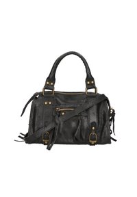 Borsa a tracolla nera in pelle con manici doppi, chiusura con zip, molteplici scomparti, accessori in tonalità oro e dettagli laterali sfrangiati.