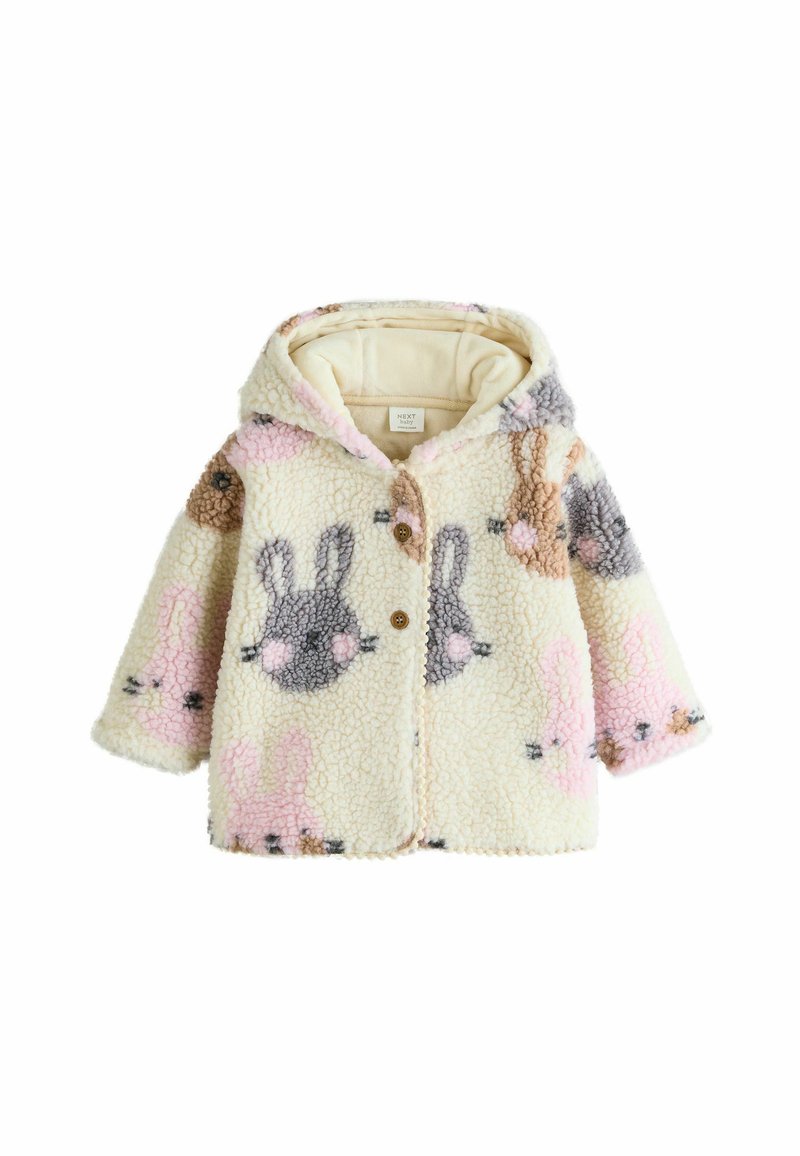 Fleecejacke mit Kapuze, mit cremefarbenem Hintergrund und bunten Hasenmuster in Pink, Grau und Braun. Knopfverschluss vorne.