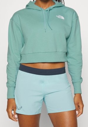 Osoba nosící krátkou mátově zelenou mikinu s kapucí a logem The North Face a světle modré sportovní šortky s černým pasem a motivem zvířecí tváře.