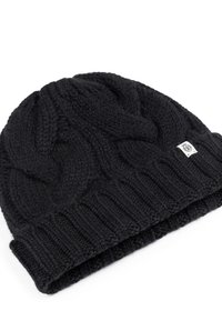 Black knitted beanie with a cable pattern, featuring a ribbed cuff and a small brand tag. Made from textured yarn for warmth.