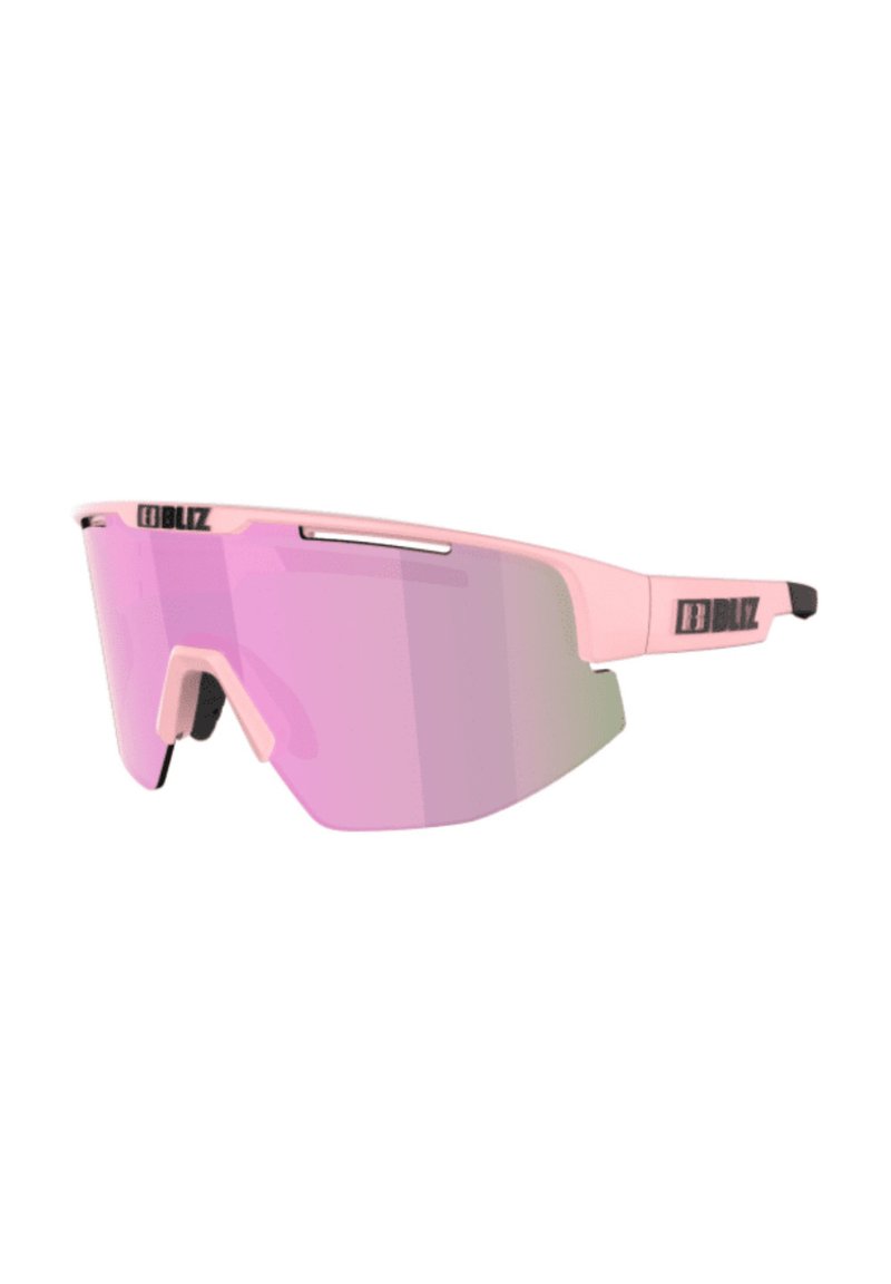 Rosa Sportsonnenbrille mit großem, verspiegeltem Glas und einem leichten Rahmen. Mit dezentem Branding am Bügel.
