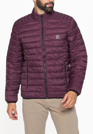 Uomo che indossa una giacca trapuntata color bordeaux con zip nere e pantaloni beige, in piedi davanti a uno sfondo bianco.
