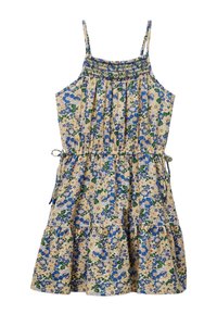 Robe d'été florale avec des fleurs bleues et jaunes sur un fond beige clair. Buste smocké, bretelles réglables et jupe à volants.