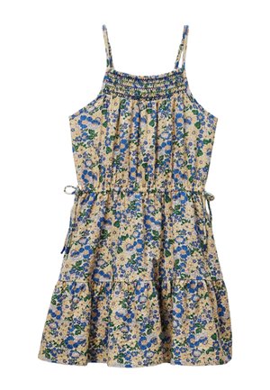 Robe d'été florale avec des fleurs bleues et jaunes sur un fond beige clair. Buste smocké, bretelles réglables et jupe à volants.