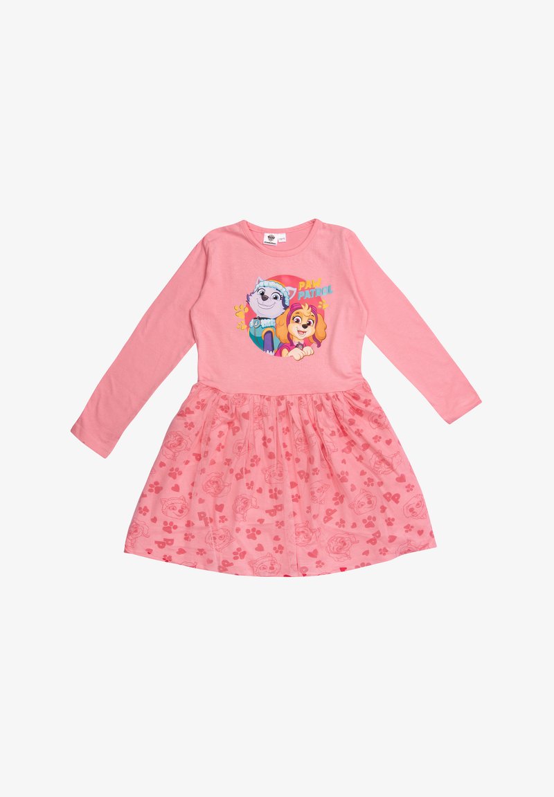 Rosa Langarmkleid mit einem Grafikdesign von Cartoon-Hunden auf der Brust. Der Rock hat einen transparenten Überzug mit Pfoten- und Herzmustern.