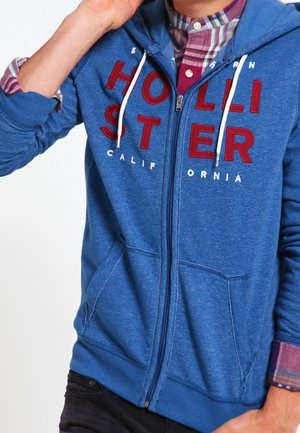 Mężczyzna w niebieskiej bluzie z kapturem na zamek z czerwonym napisem "HOLLISTER" i pod spodem w koszulę w kratę, ręką dotyka głowy.