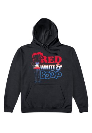Czarna hoodie z przednią kieszenią, kapturem na sznurku oraz graficznym wzorem w kolorach czerwonym, białym i niebieskim, z postacią z kreskówki oraz tekstem.