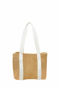 Geflochtene Strohtasche mit weißen Stoffriemen. Rechteckige Form, strukturierte Musterung. Natürlicher beiger Farbton, kompaktes Design geeignet für den Freizeitgebrauch.