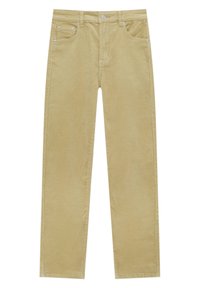 Pantalon beige en velours côtelé à jambes droites avec bouton sur le devant, fermeture éclair, et design cinq poches sur fond blanc.