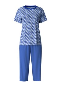 Blauwe twee-delige outfit bestaande uit een top met korte mouwen met een wit geometrisch patroon en effen blauwe cropped broeken. Zacht materiaal, relaxte pasvorm.