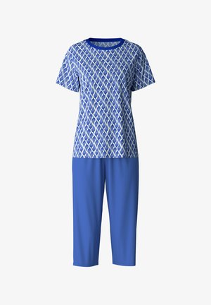 Blaues Zweiteiler-Outfit mit einem kurzärmeligen Oberteil mit weißem geometrischem Muster und einfarbigen blauen, knöchellangen Hosen. Weiches Material, lockere Passform.