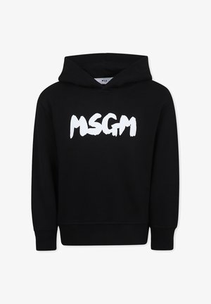 Un sweat à capuche noir en coton, avec un grand logo blanc "MSGM". Il présente une capuche à cordon, des poignets côtelés et une texture douce.