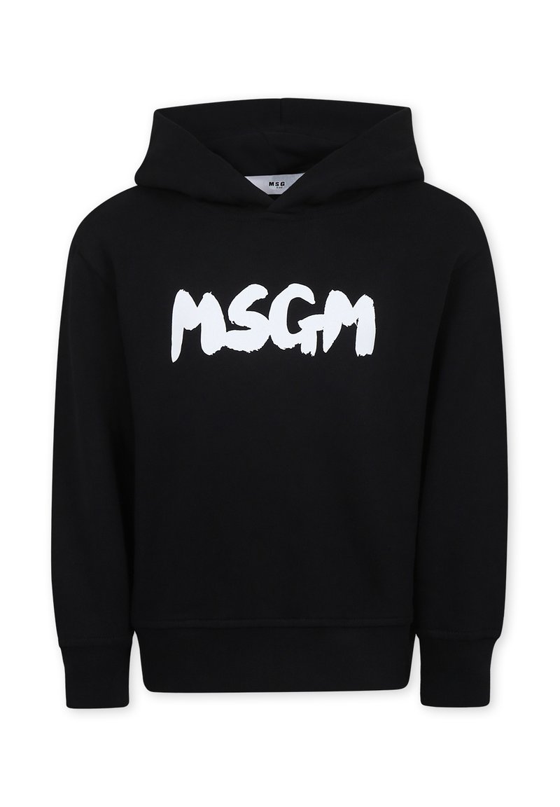 Zwarte hoodie van katoen, met een groot wit "MSGM" logo. Het heeft een capuchon met trekkoord, ribbelboorden en een zachte textuur.